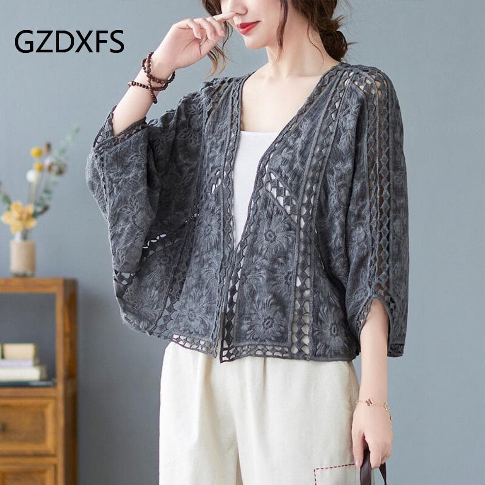 DX- MS64-Spring and Summer Cotton Embroidery Lace Cardigan Short Bat Sleeve Loose Shawl 7 Split Sleeve Air Conditioner Sunscreen Clothes Cover Female One size gray