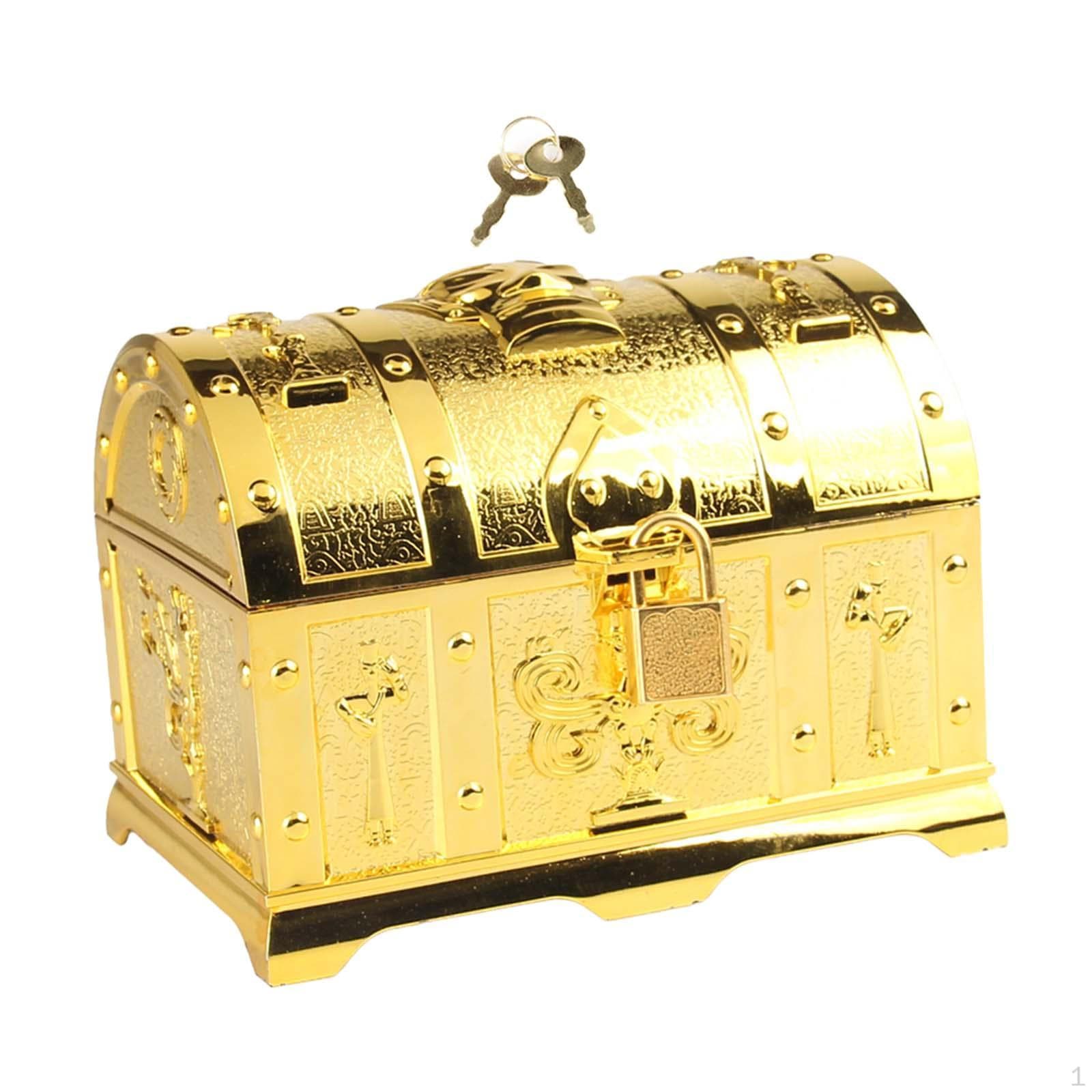 Antique Pirate Chest with Lock for Storing Trinkets and Bills 14cmx10cmx10.5cm_Gold