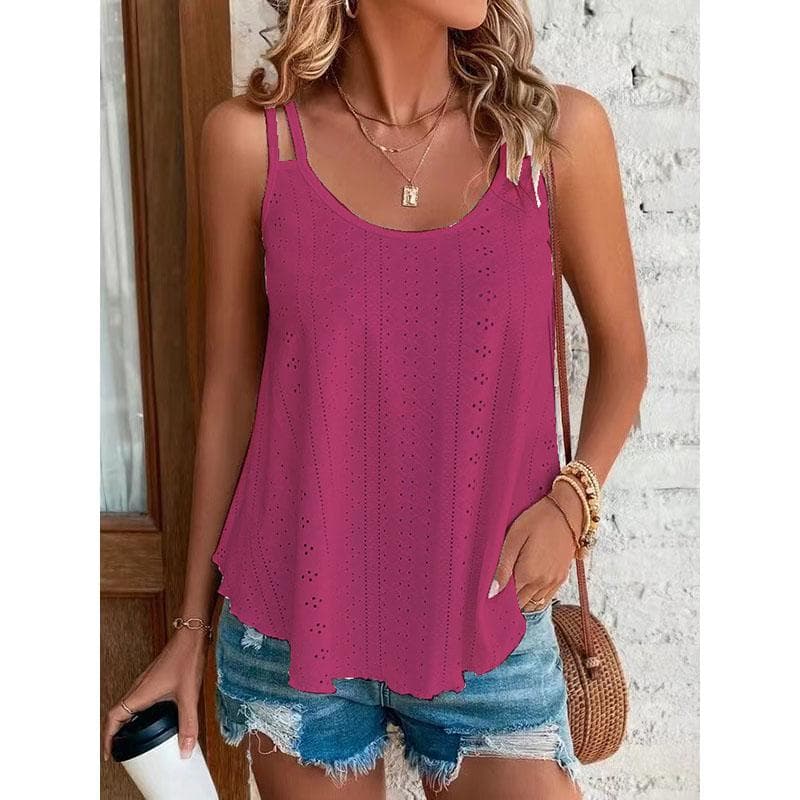 White Sleeveless Round Neck Eyelet Pattern Camisole Tank Top for Women XXL wine red