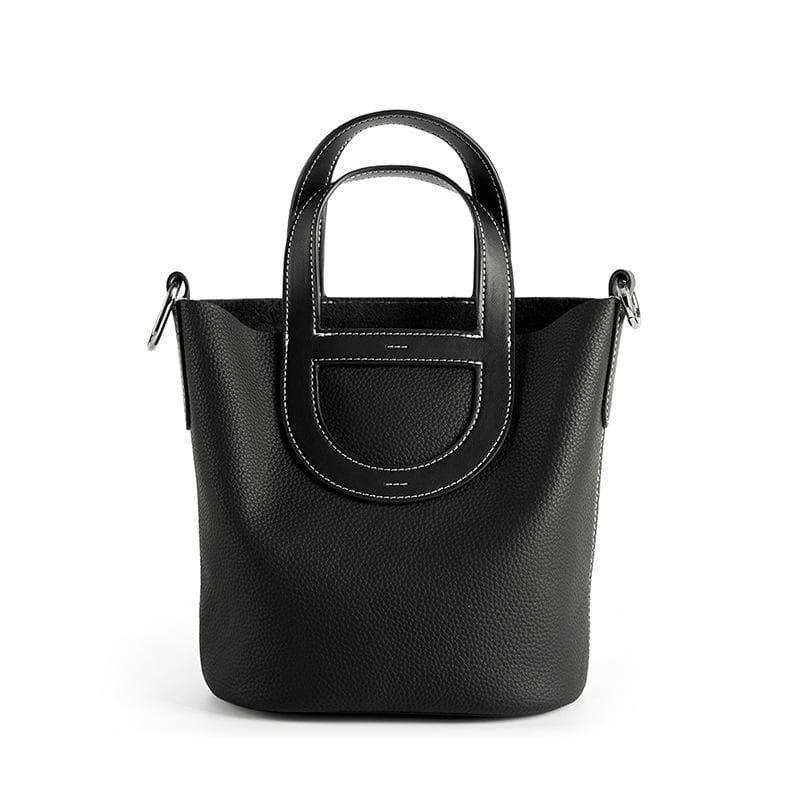 Top Layer Skin Pig Nose Vegetable Basket Bucket Bag Hand Bill Shoulder Crossbody Leather Bag for Women black