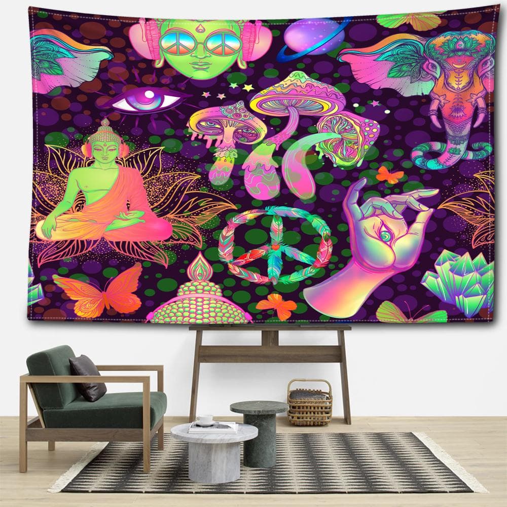 Abstract Mushrooms And Buddha Statues Tapestry Wall Hanging Art Witchcraft Mysterious Hippie Tapiz Bedroom Home Decor 95x73CM