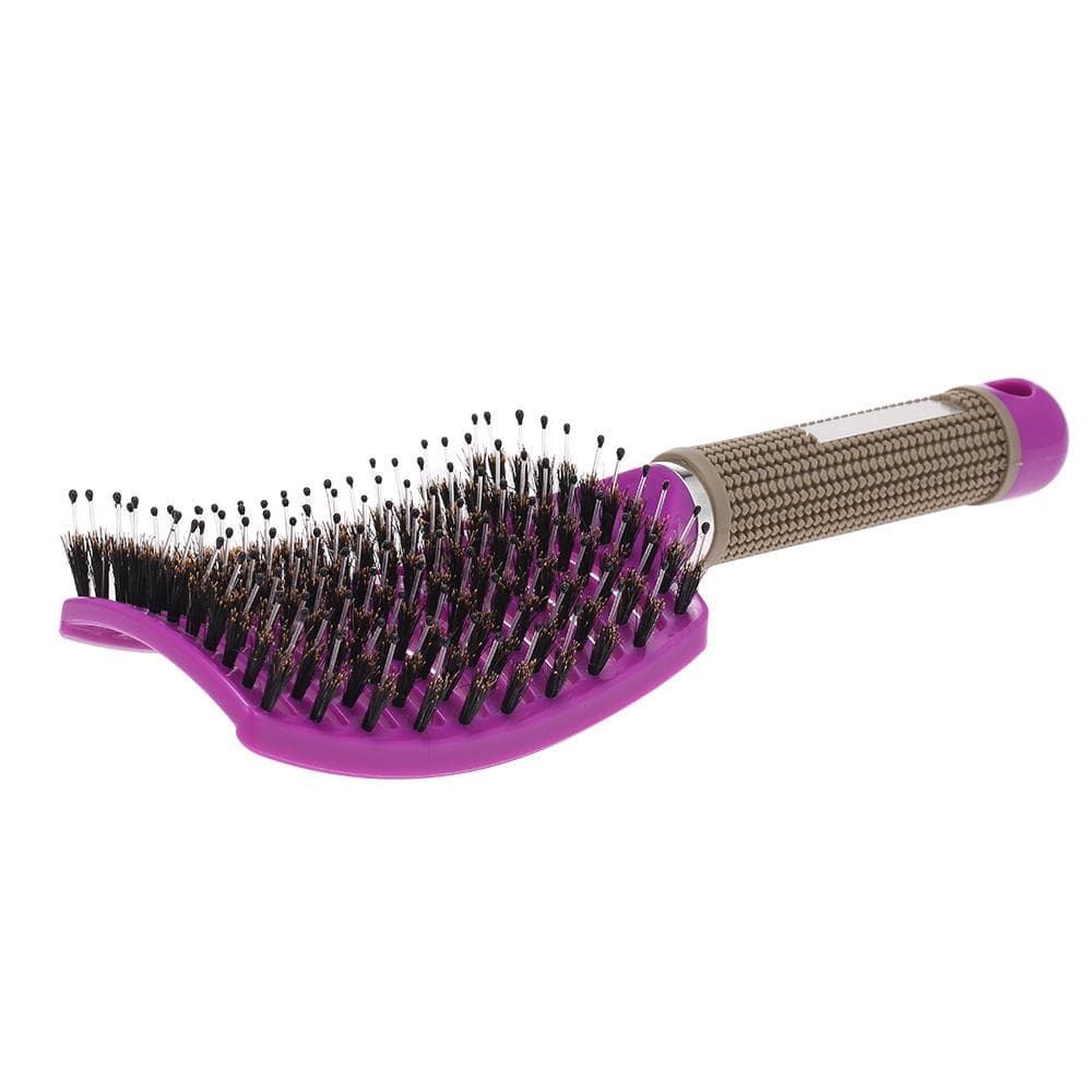 Curved Boar Bristle Hair Brush Professional Detangling Hairbrush Head Massage Comb Hairdressing Styling Comb for Women Men purple