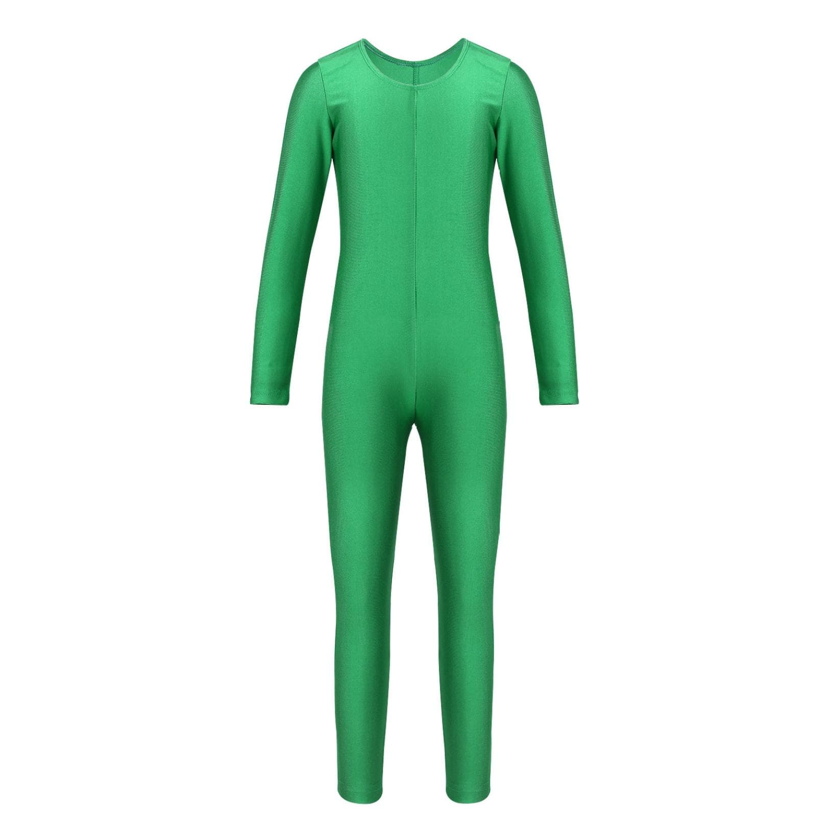 Kids Girls Long Sleeve Ballet Dance Gymnastics Leotard Jumpsuit Unitard Solid Color Zipper Stretchy Bodysuit 5-6 Years green