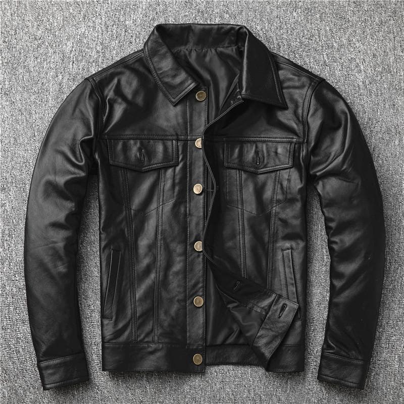 Autumn Leather Men's Korean Version of Youth Handsome First Layer Cowhide Jacket Lapel Casual Coat Fashion Brand XL