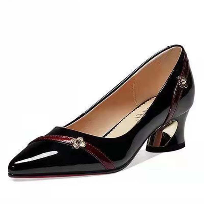 Patent Leather Woman High-heeled Shoes Soft Leather Pointed Thick Heel Middle Heel Shallow Mouth Bright Face Work Shoes Grace Sweet 38 black