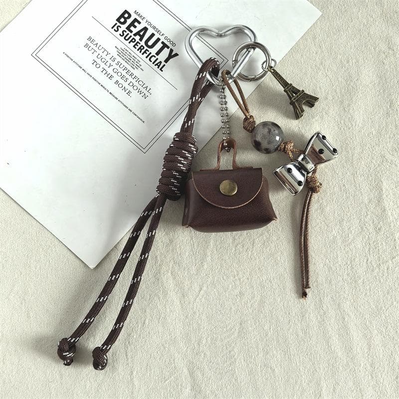 Y2k Leather Rope Keychain Cherry Bow Cute Heart Bag Pendant 3D Creative Cartoon Keyring Anti-Lost Mobile Phone Lanyard brown
