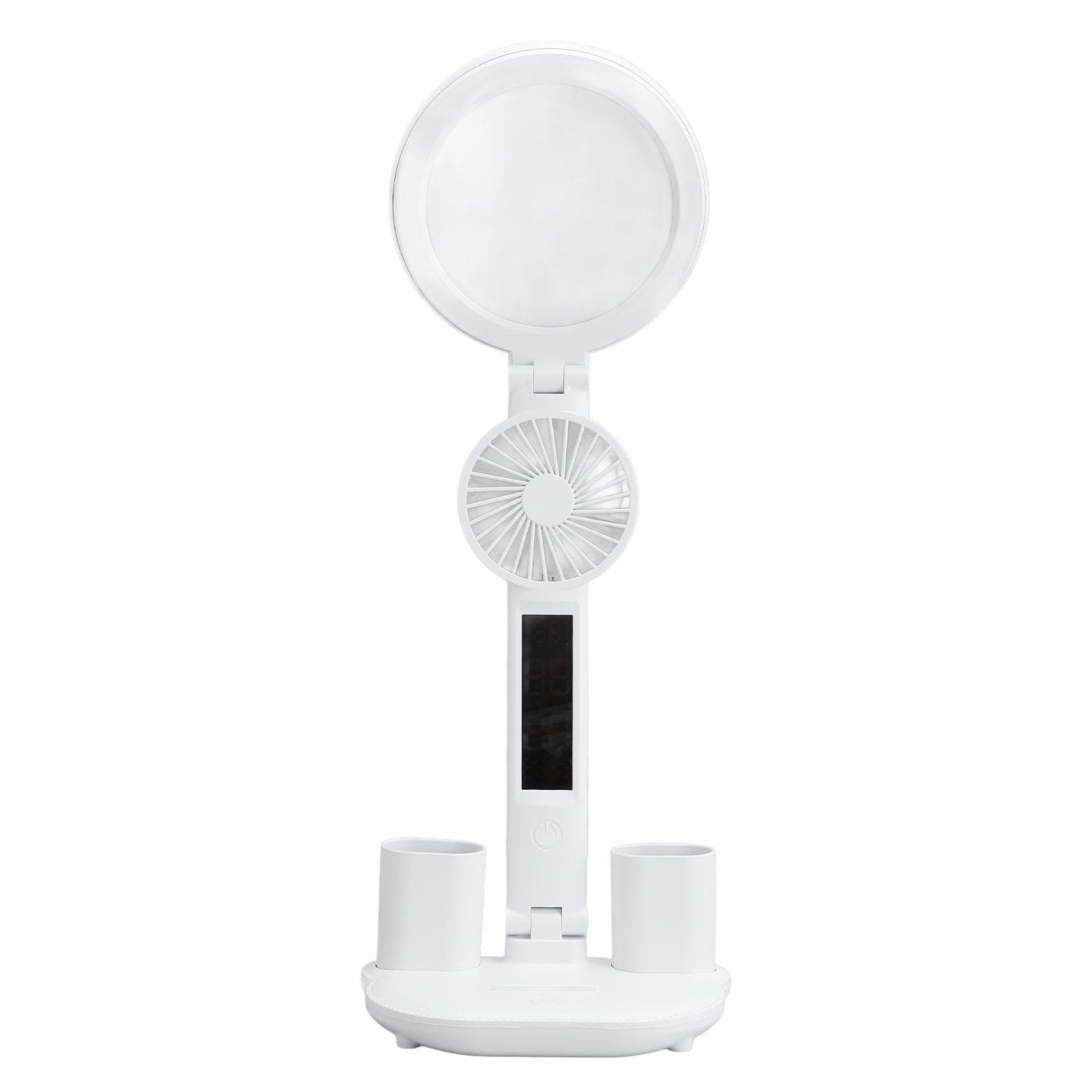 LED Desk Lamp with Fan Pen Holders Folding Stepless Dimming USB Port Clock Date Temperature LED