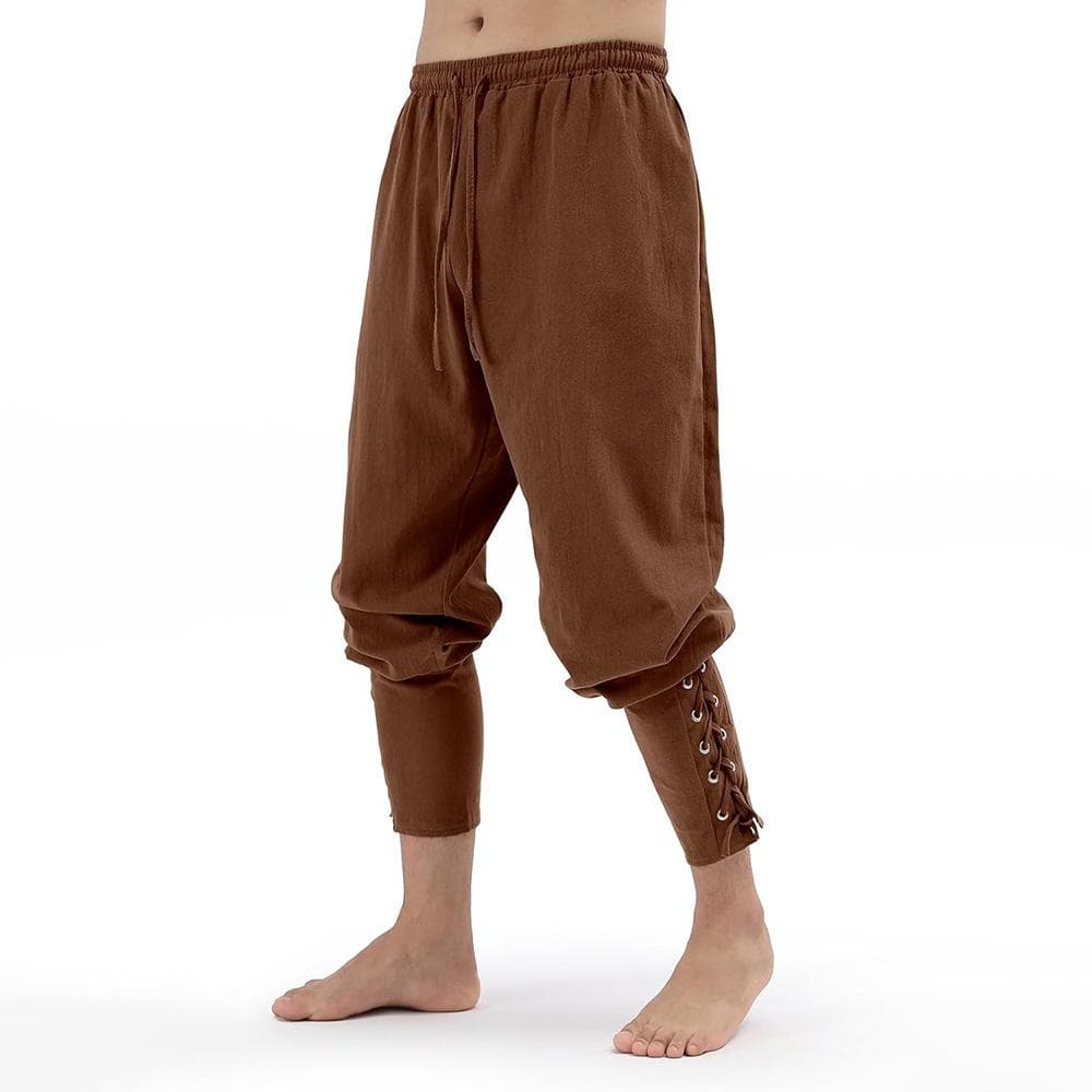 Men's Vintage Pants Medieval Viking Pirate Customets Lace-up Cotton Linen Trousers Halloween Cosplay Outfits XXXL brown
