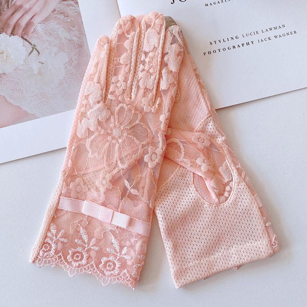 New Women's Summer Ice Silk Lace Anti Ultraviolet Thin Electric Car Driving Anti-skid Breathable Cool Sun Protection Gloves light pink