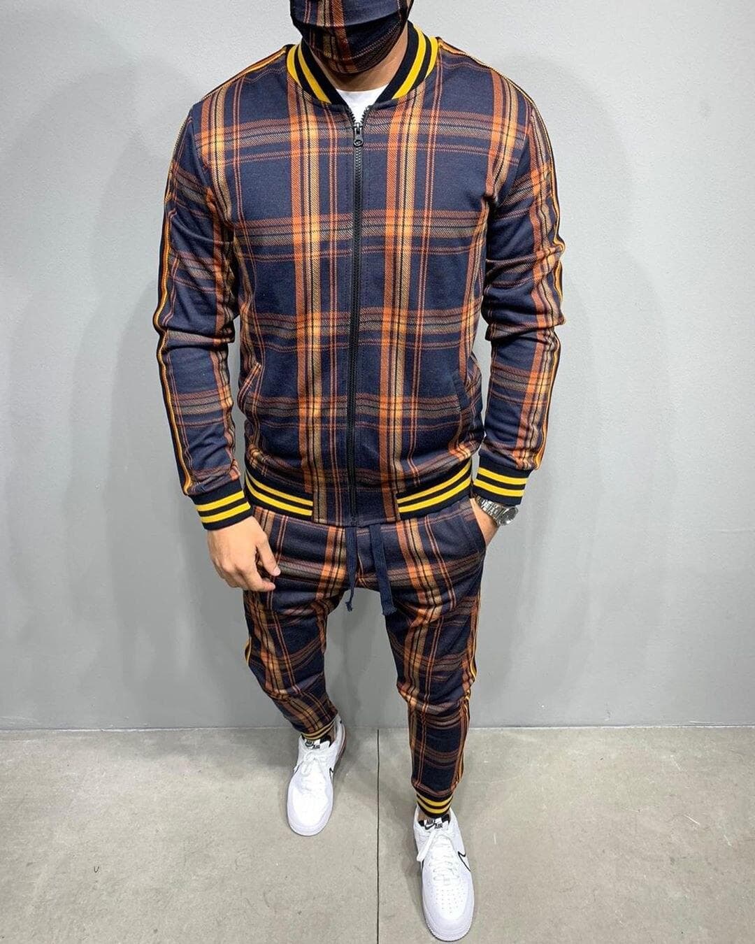 Tracksuit Men Sportsuits Gentlemen Set Zipper jacket suit Long Sleeve stripe Coat+Pants Gyms Men Set Casual Sportswear Suit M multicolour