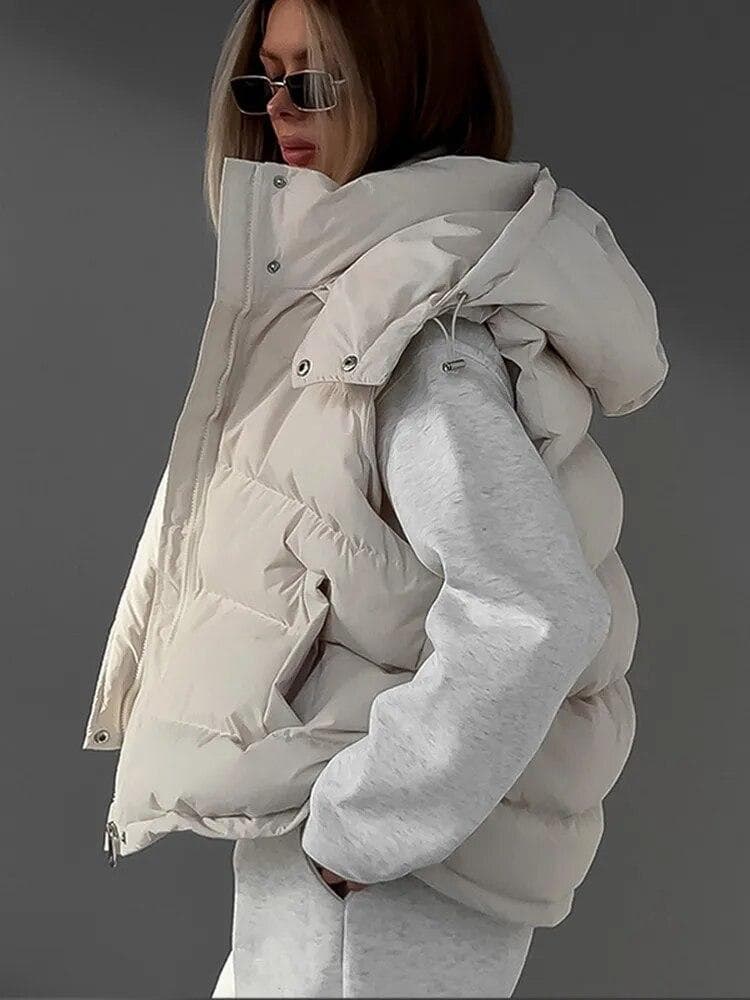 Winter Thicken Waistcoat Vest Women Winter Cotton Warm Parka Street Zipper Female Hooded Top Big Pocket Sleeveless Loose Coat L beige