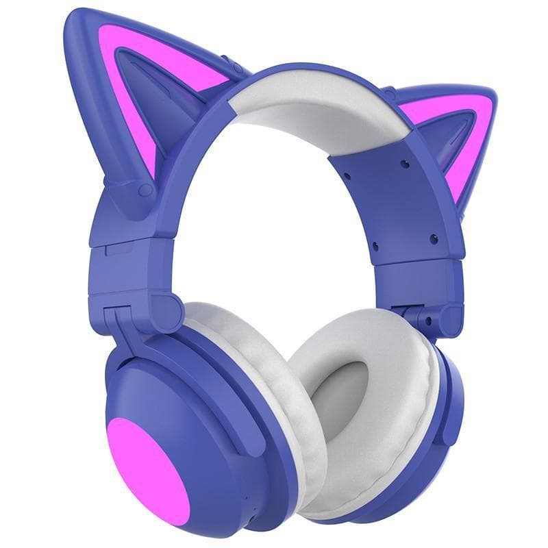 Foldable Head-mounted Cat Ear LED Glowing Gaming Headset Heavy Bass Bluetooth 5.0 Earphones True Wireless Headphone with Microphone purple