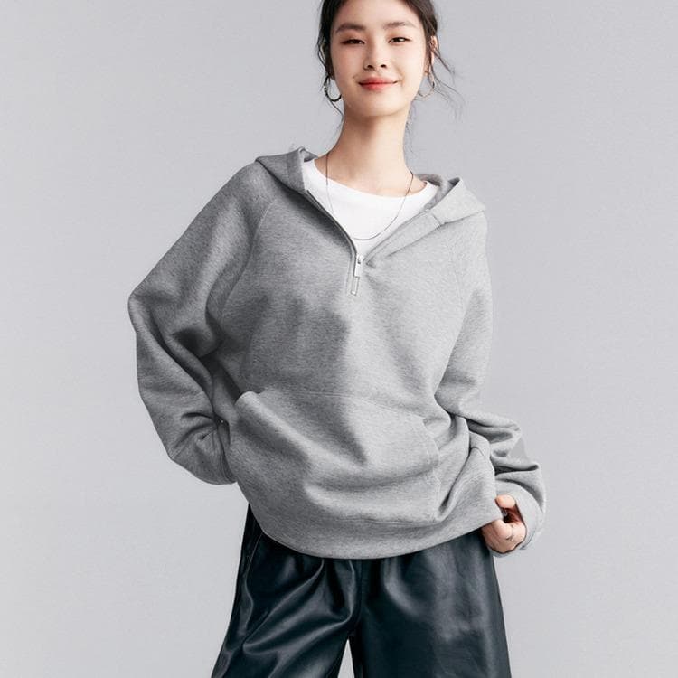 Gray Half Zipper Sweatshirt Women's American Retro Air Layer Top Autumn Hooded Loose Jacket XL grey