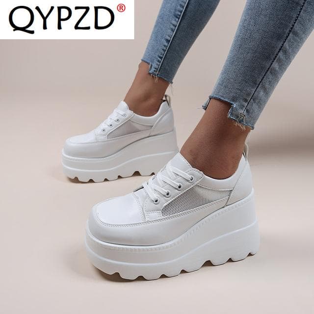 Autumn Punk Gothic PU Leather+Mesh Shoes Women Lace Up Wedge High Heels Thick Platform Creepers Lady Pumps White JK 41 white