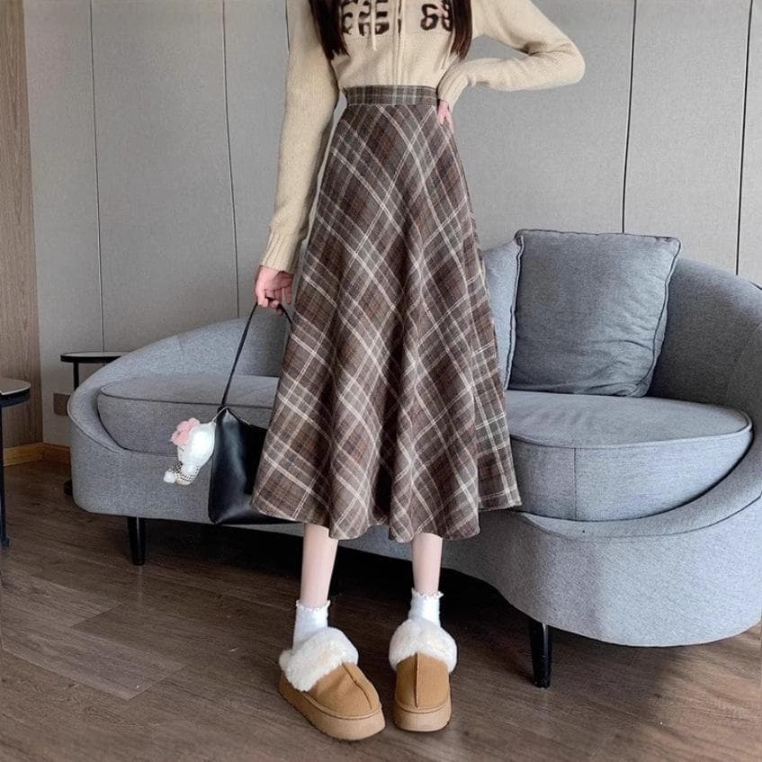 German Design Plaid Retro Wool Skirt for Women In Autumn and Winter New Mid-length Large Hem Skirt for Women A-line Skirt XL