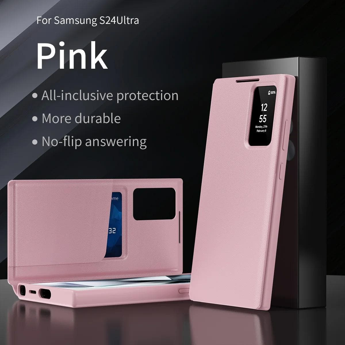 Leather Card Pocke Case for Original Samsung Galaxy S25 Ultra S24 S23 S22 S-View Flip Smart Display LED Transparent Window Cover For S24plus pink