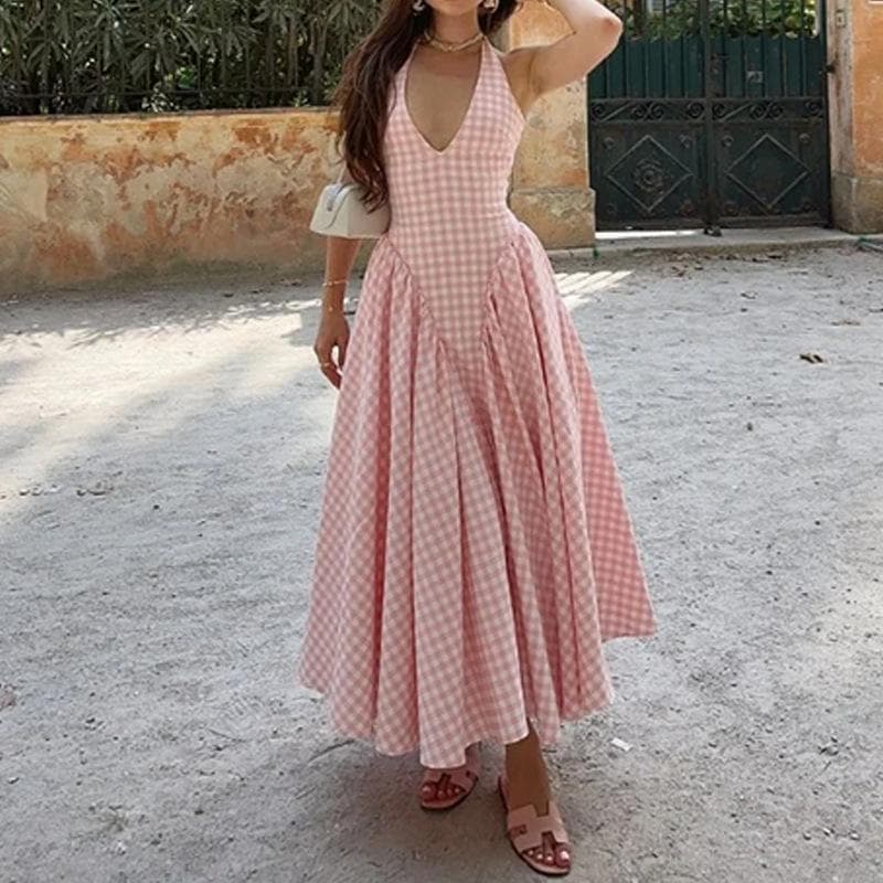 Spring Women's Clothing Elegant Ins Style Neck V-neck Pleated Waist-hugging French Dress 3XL