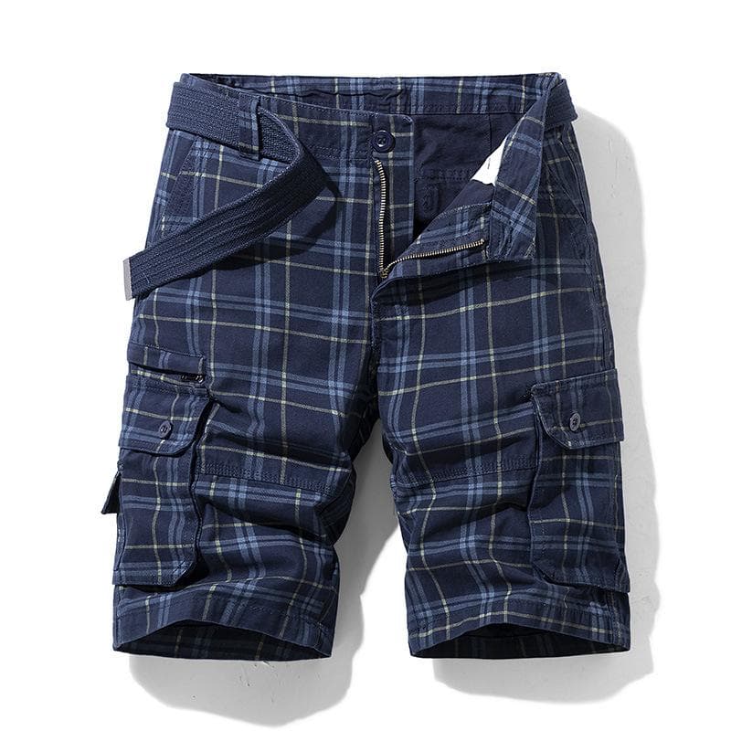 Summer Cotton Men's Shorts Casual Sports Workwear Five-point Pants Plaid Slim Multi-pocket Pants M blue