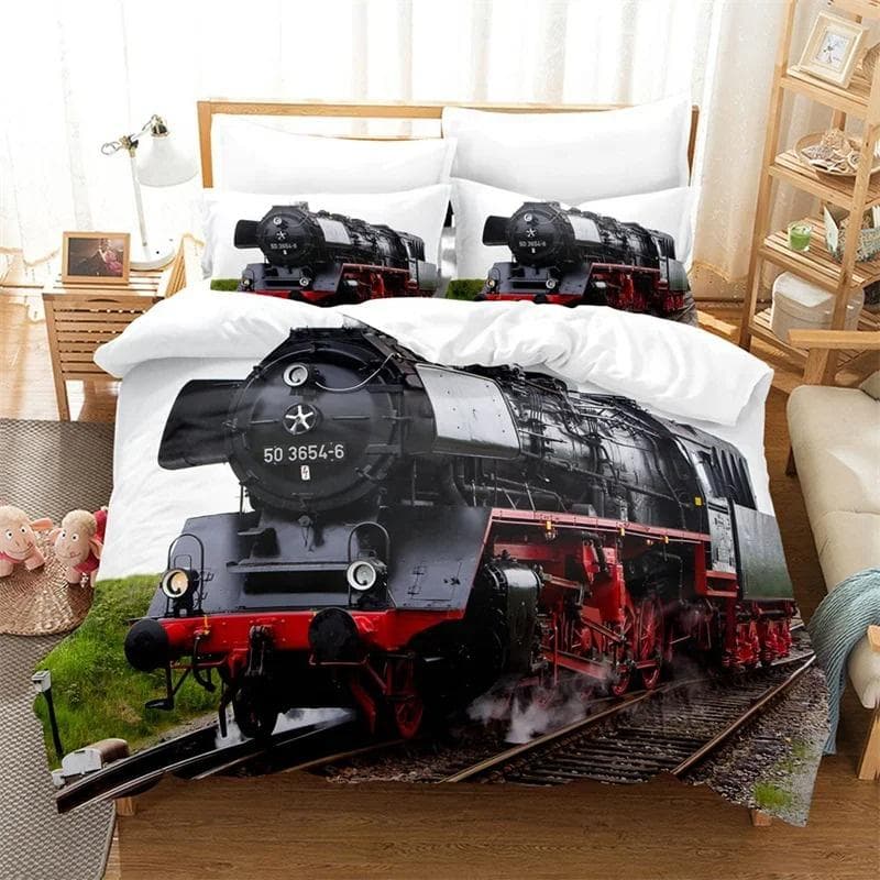 3D Train Steam Engine Bedding Set,Duvet Cover Comforter Bed Set Quilt Cover Pillowcase,King Queen Twin Size Boys Girls Adults 140x200cm 2pcs