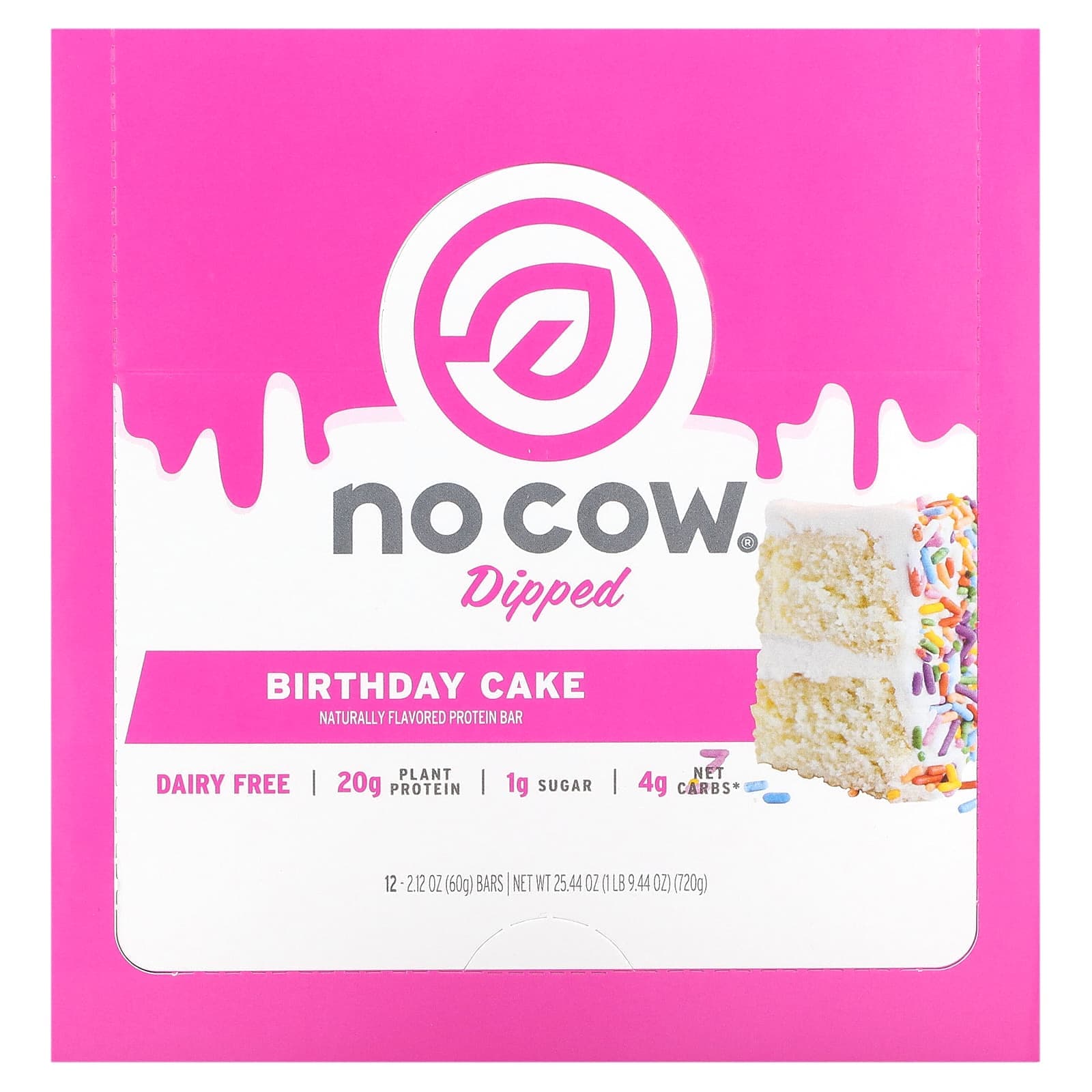 No Cow, dipped protein bar, birthday cake, 12 bars, 60g (2.12oz) each