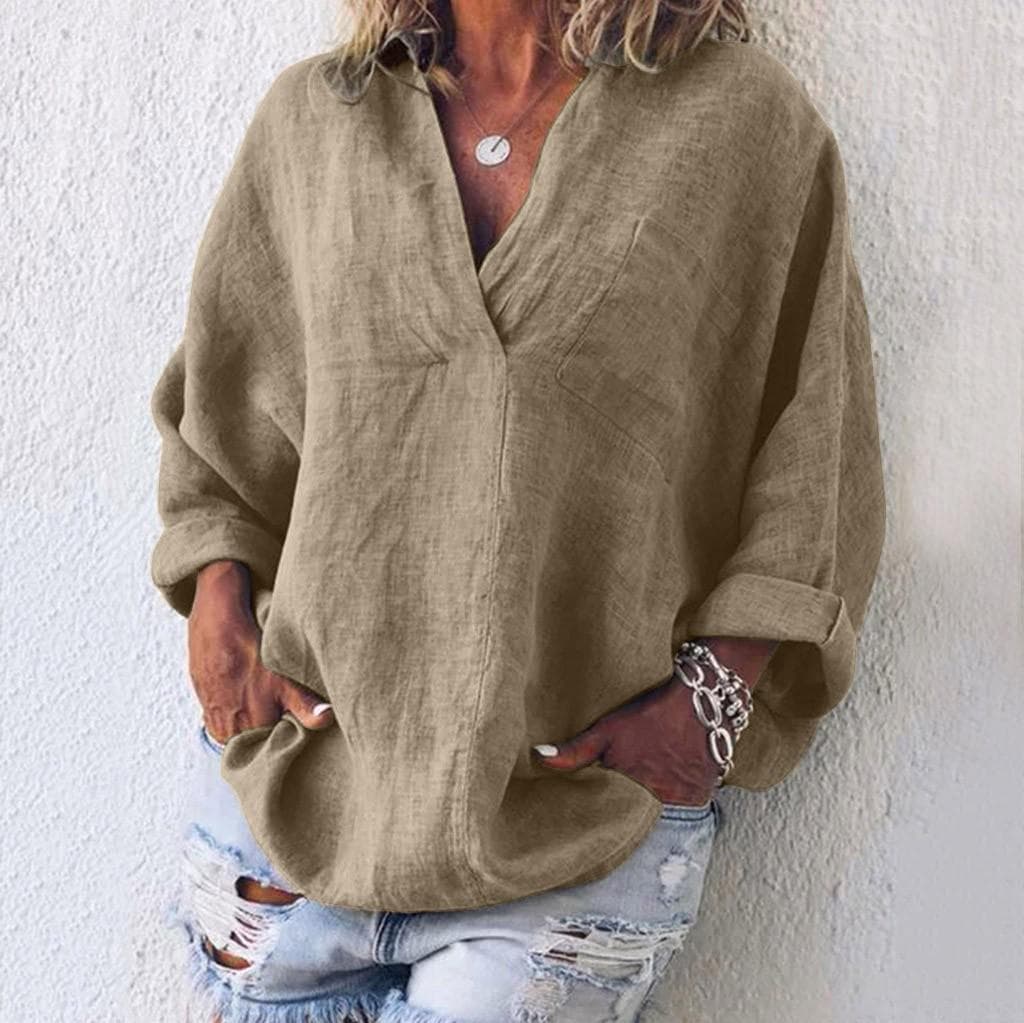 Boho Womens Long Sleeve Cotton Linen Kaftan Ladies Baggy Blouse Tee Shirt Tops M khaki