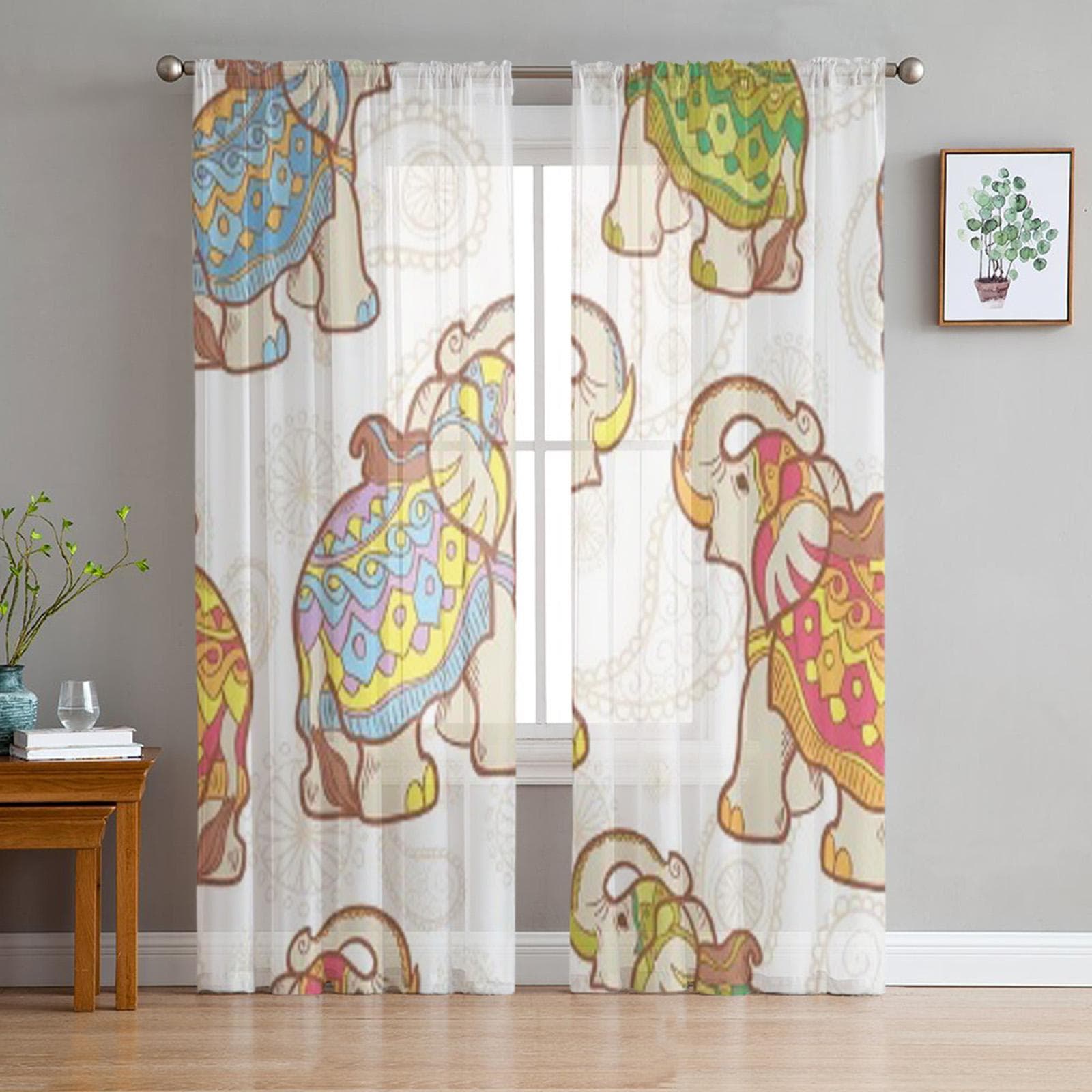 Indian Elephant Sheer Curtains for Living Room Transparent Tulle Window Treatments Bedroom Kitchen Home Decor Veil Drapes 135W x 114H(cm)