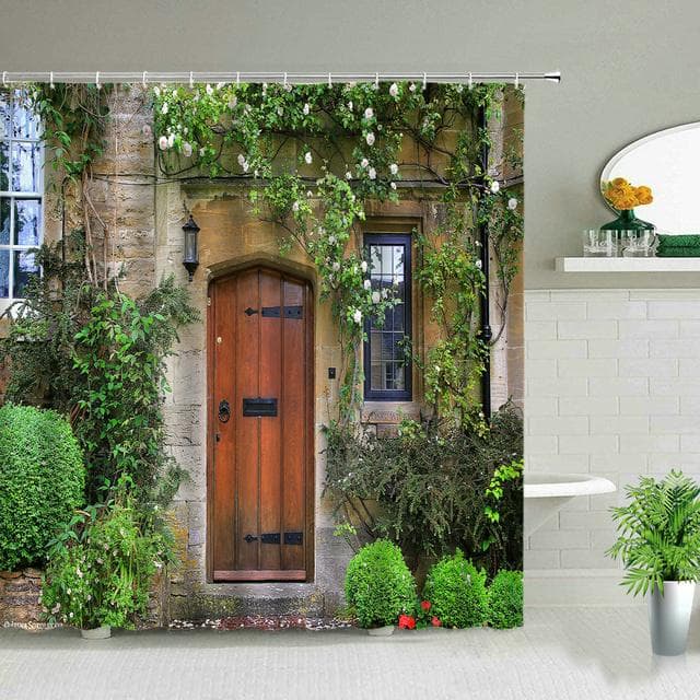 Home Wall Decor Shower Curtain 3D European Building Garden Flowers Patio Landscape Waterproof Polyester Bedroom Bathroom Curtain 180*180cm