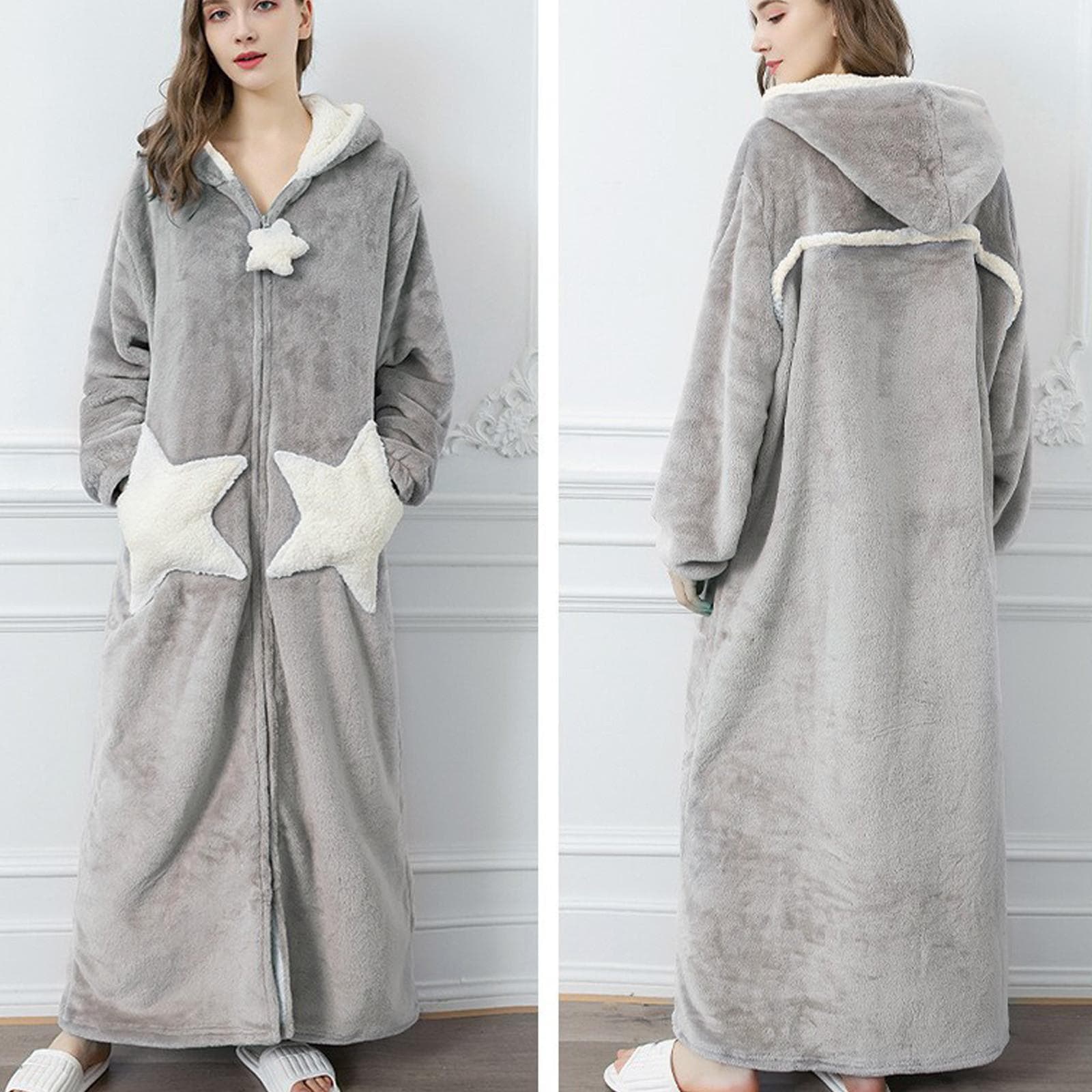 Womens Fleece Thicken Hooded Robe Soft Comfortable Plush Bathrobe Fluffy Cute Long Coat Daily Loungewear Nightgown Nightdress M grey