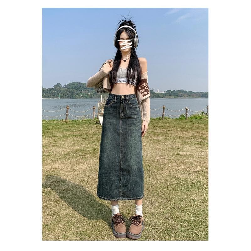 High-waist Denim Skirt for Women In Spring and Summer A-line Mid-length Slit Slim Hip Skirt 2XL