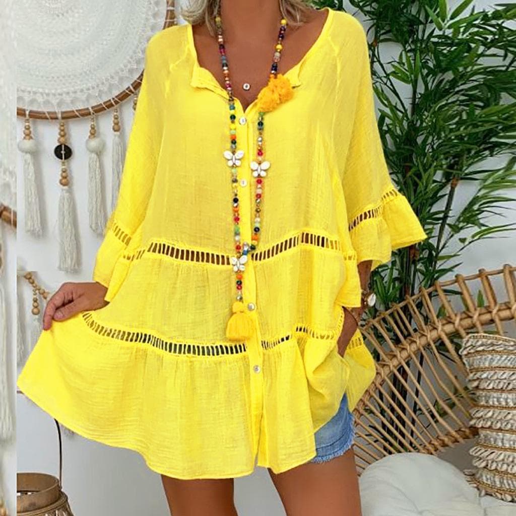 Women Flare Sleeve Cotton Shirt Oversized Hallow Out Loose Blouses Solid Color Yellow White Buttoned Ruffle Plus Size Tops XXXL yellow