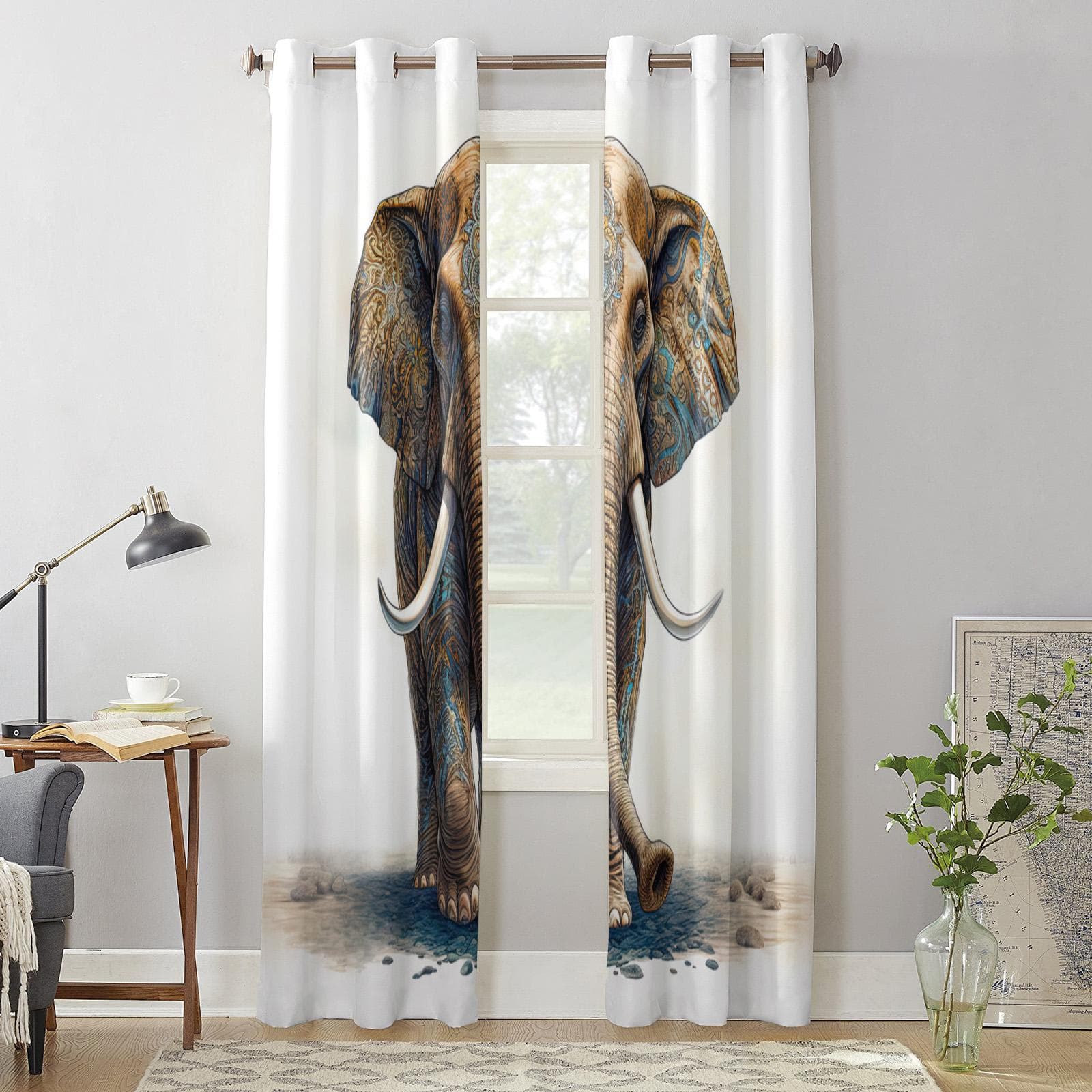 Elephant Bohemia Curtains for Bedroom Living Room Window Curtain Treatments Blinds Kitchen Home Decor Drapes 135W x 60H(cm) x1
