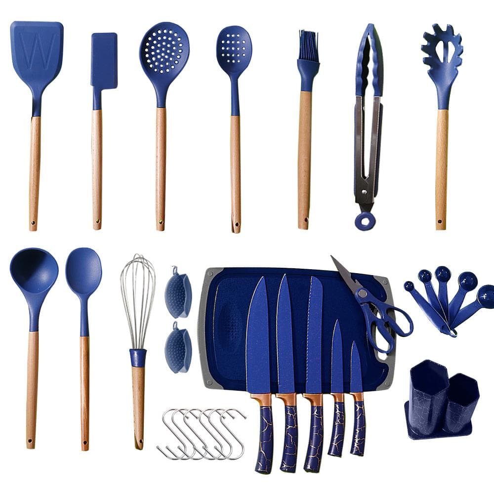 31pcs Kitchen Utensils Set Heat Resistant Cookware Wooden Handle Silicone Kitchen Cooking Utensils blue