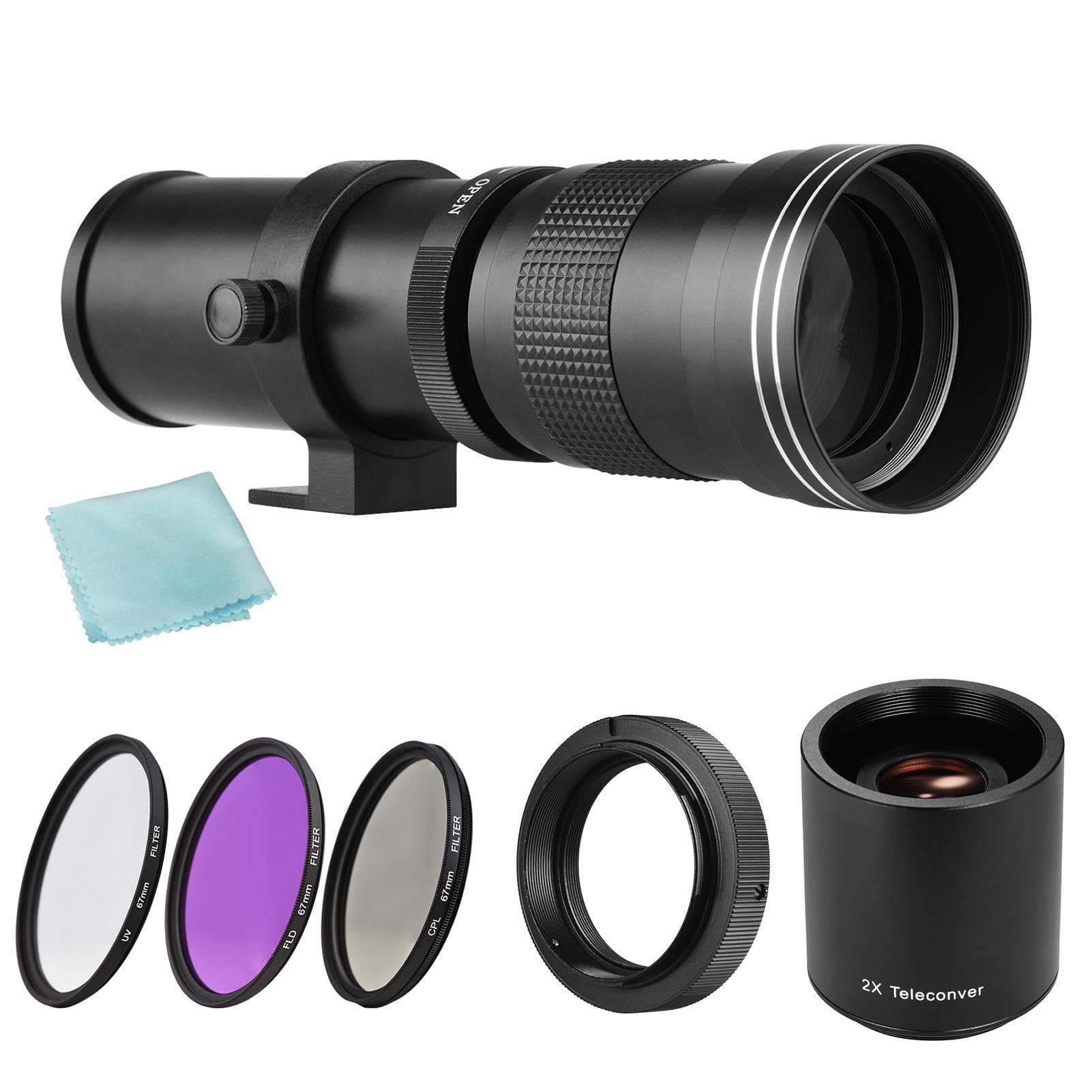 Camera MF Super Telephoto Zoom Lens F/8.3-16 420-800mm T Mount + UV/CPL/FLD Filters Set +2X black