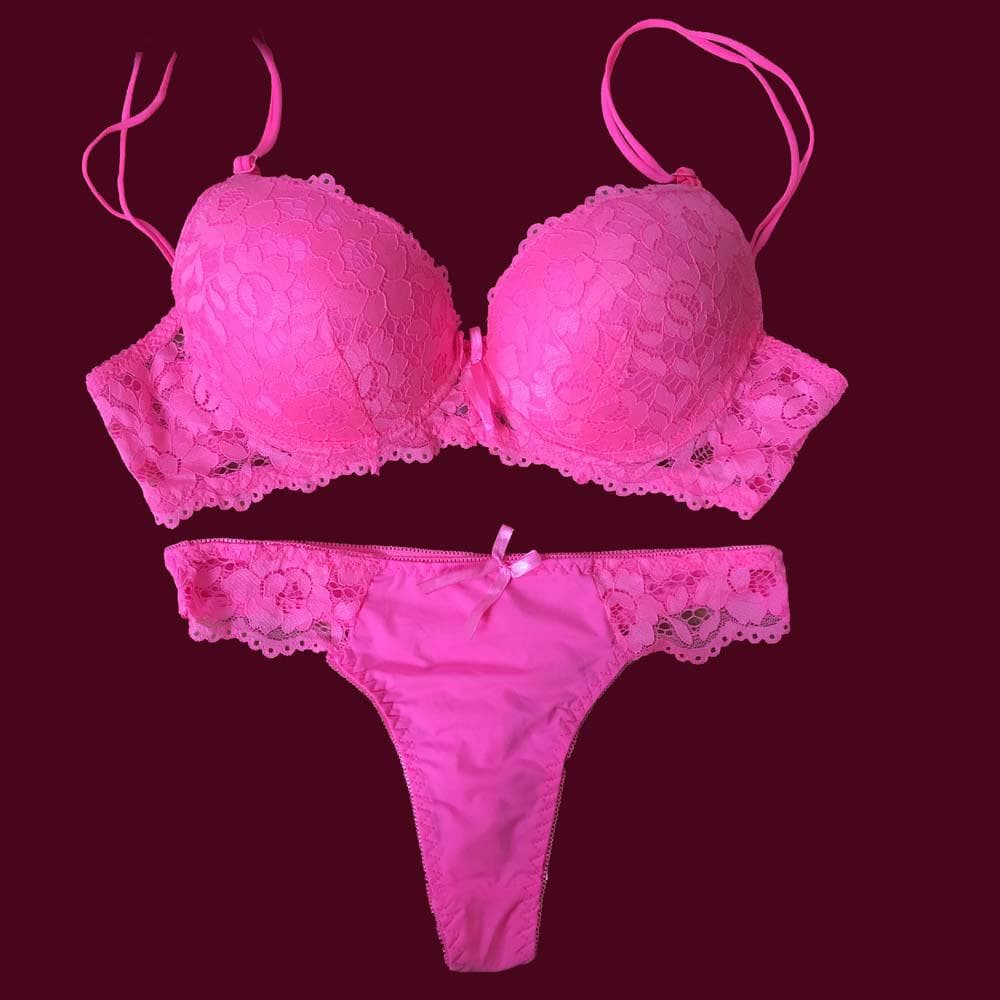 Lace Bra Thong Set Push up Underwear set Women Panties Hollow Lace Intimates Bras and Panty set 38D pink