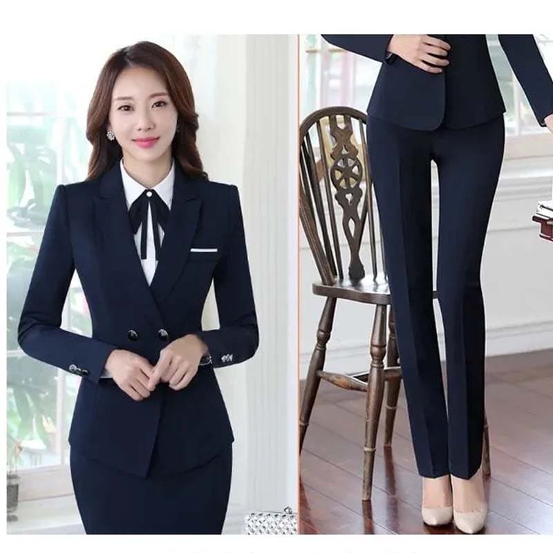 Slim Blazer Suits Women Business Wear Two-Piece Blazer + Suit Pants 2023 New Fashion Temperament Work Clothes Tooling Spring and Autumn XL dark blue