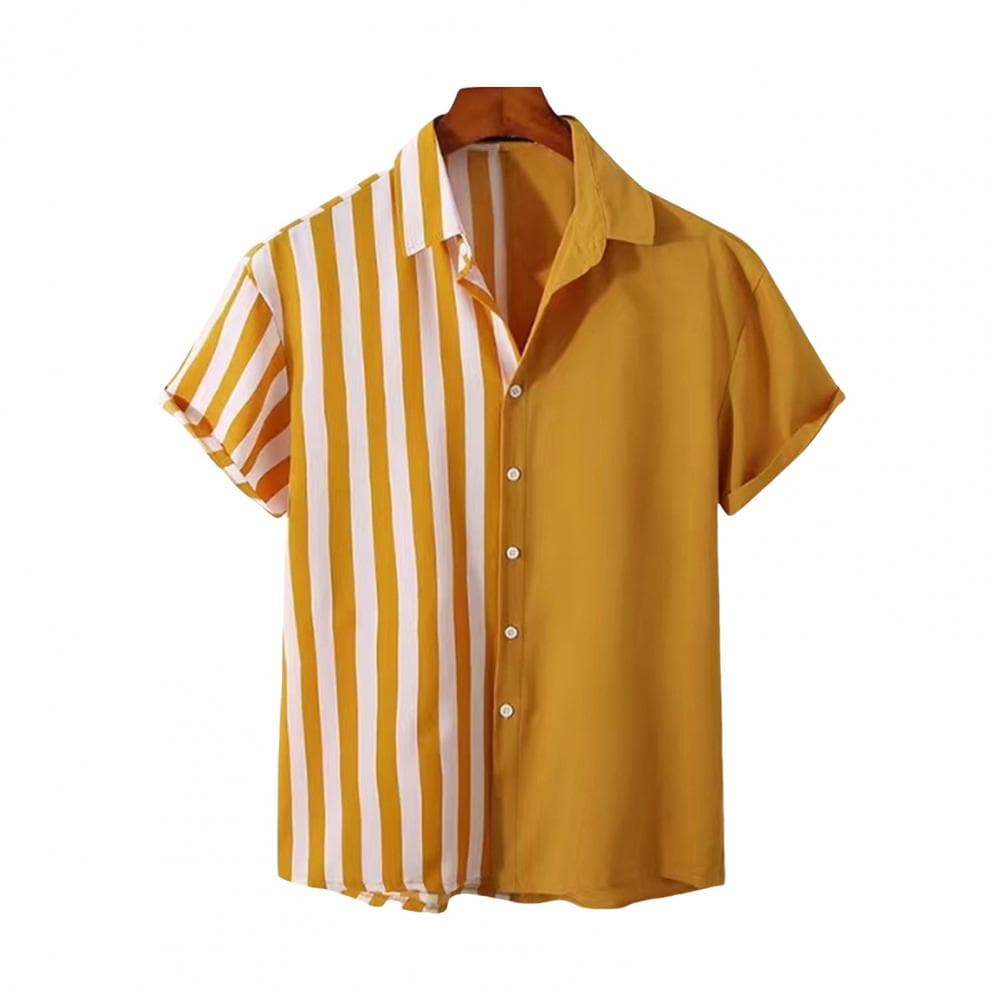 Fall Men Shirt Striped Print Turn-down Collar Short Sleeve Single-breasted Loose Fit Formal Business Style Cardigan Daily Office M yellow
