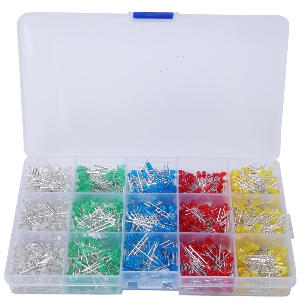 1000Pcs Assorted Color RedYellowBlueGreenWhite 3mm LED Light Emitting Diode Kit Box