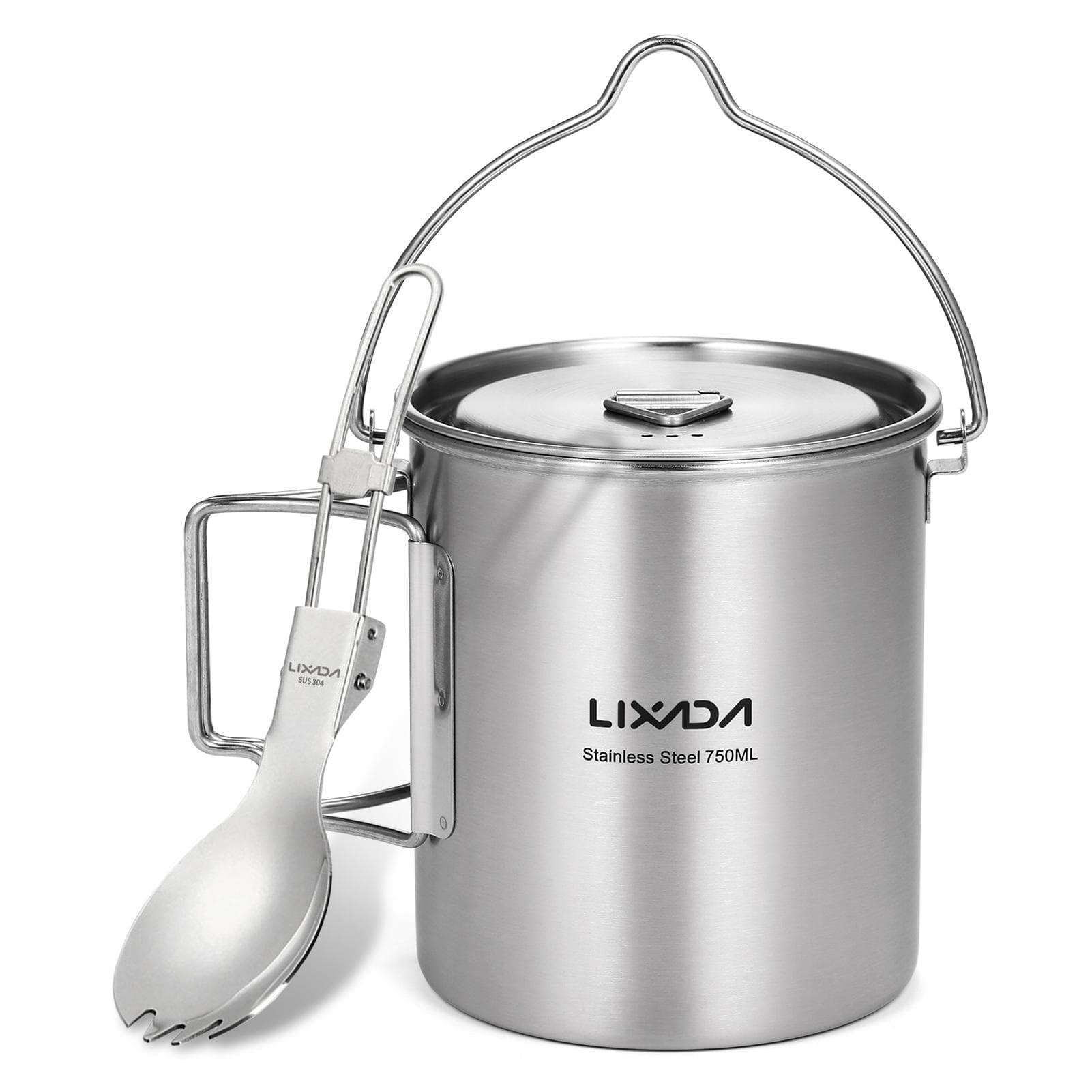750ml Stainless Steel Pot Portable Water Mug Cup with Lid and Foldable Handle Outdoor Camping Pot with spoon
