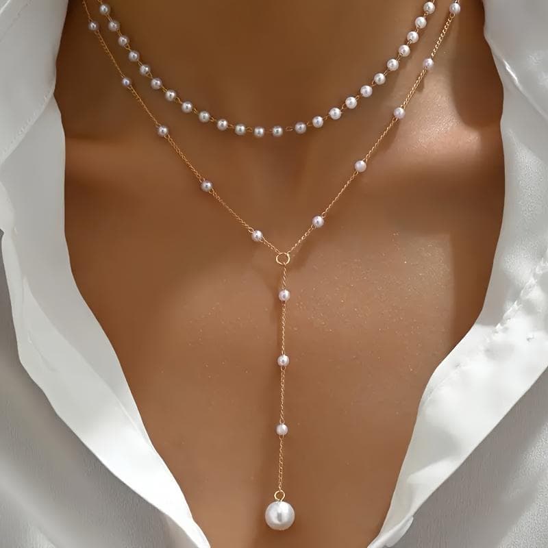 Elegant Layered Y-Shape Necklace with Faux Pearl Accents, Sexy Tassel Pendant, Iron Chain, No Plating - Versatile for Daily Wear & Parties golden