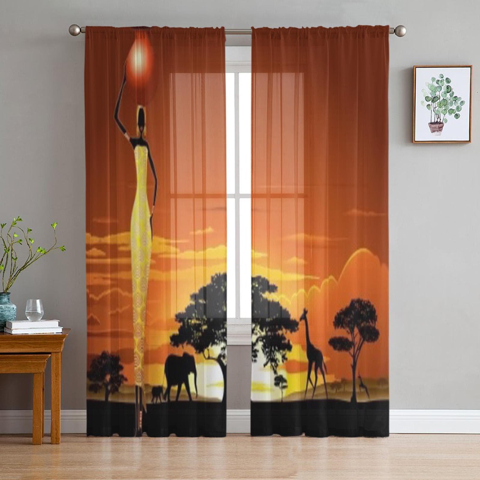 African Woman On Bright Savannah Sunset Tulle Sheer Curtains for Living Room Bedroom Kitchen Decoration Voile Organza Curtains 135W x 114H(cm)
