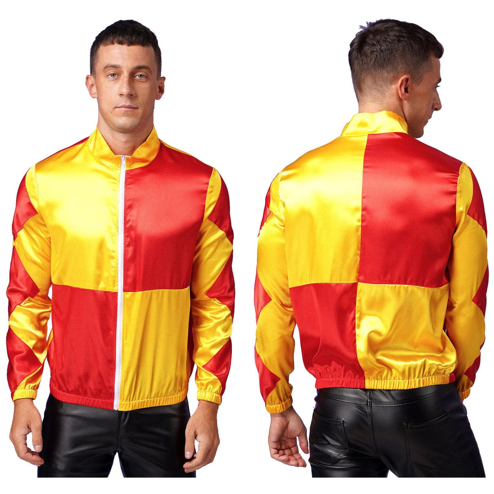 Men‘s Color Block Horse Jockey Costume Horse Rider Racing Outerwear Sports Stage Play Jacket L red/yellow