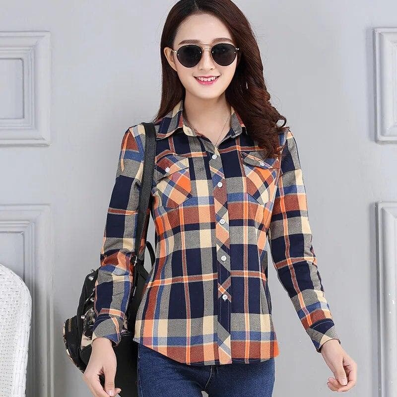 Women's Spring and Autumn Plaid Shirt Casual Long Sleeve Pocket Cotton Shirt XXXXXXL