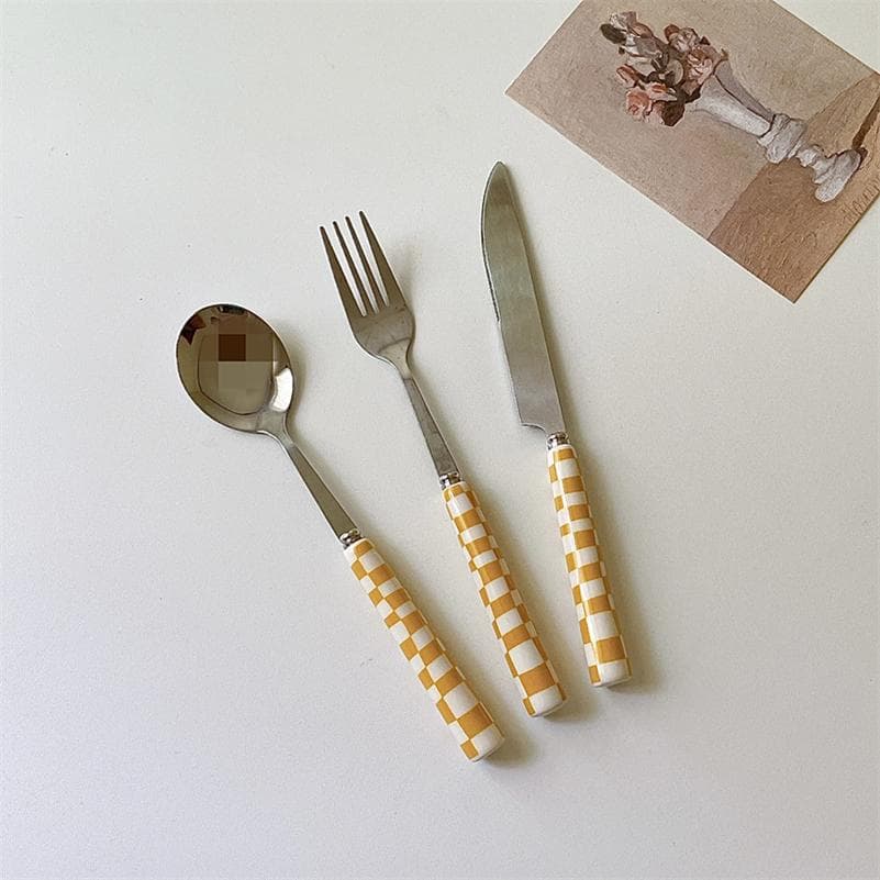 Ins Style Dessert Steak Stainless Steel Knife Fork Spoon Kitchen Dinnerware Checkerboard Lattice Glossy Ceramic Handle 3pcs/set yellow