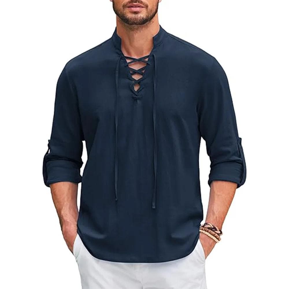 Men's Renaissance Shirt Pirate Medieval Viking top Cotton Linen Shirts Men Long Sleeved Halloween Costume XXXL Dark blue