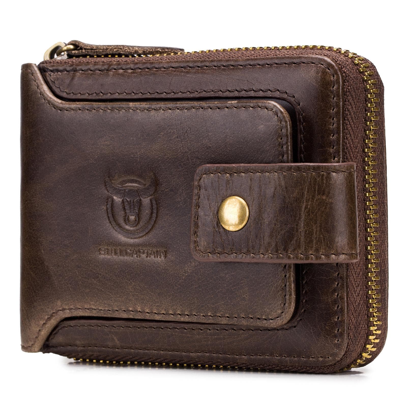 Leather Bifold Zipper Wallet for Men Travel Purse Pouch Gift coffee