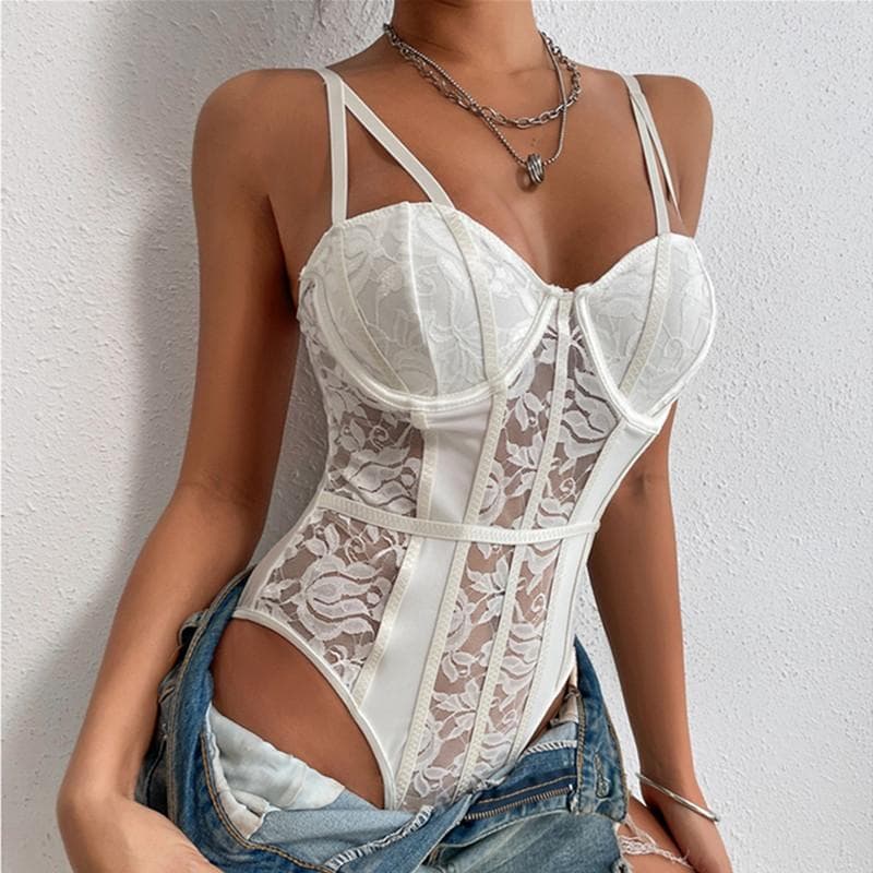 New Fashion Sexy Lace Patchwork Bodysuit Lingerie Underwear for Woman Sexy Corset L white