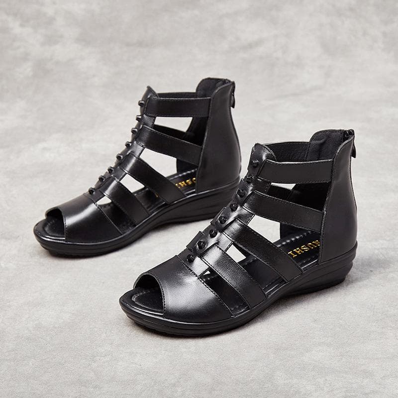 Genuine Leather Women's Sandals Cowhide Wedge Heels Casual Women's Sandals Fashiona Comfortable Summer Mothers Roman Shoes 43