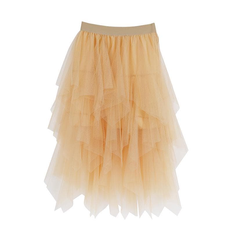 Women's High-Waisted Irregular Mesh Layered Skirt - Mid-Length Slimming Fairy Fluffy Design Large champagne