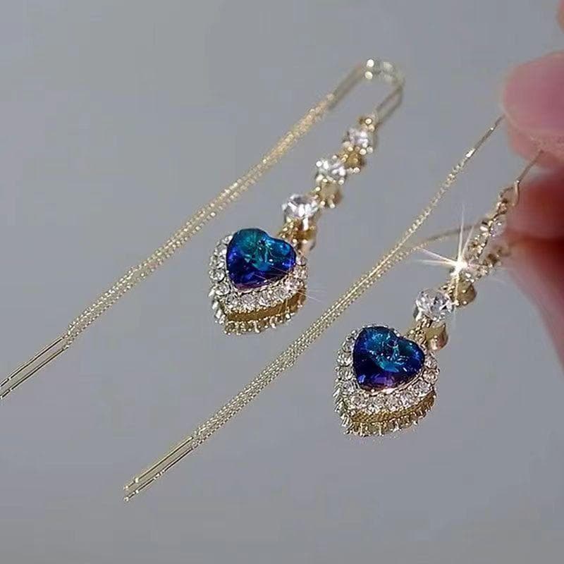 Exquisite Blue Heart Shape Zircon Earrings For Women Luxury Long Tassel Ear Line Dangle Earring Wedding Party Jewelry For Women blue