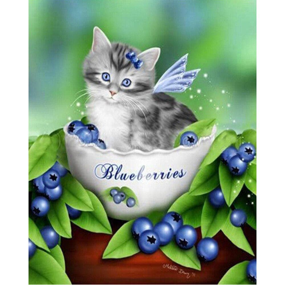 5D DIY Full round Diamond Painting Cat and blueberries Embroidery Cross Stitch 20X30CM